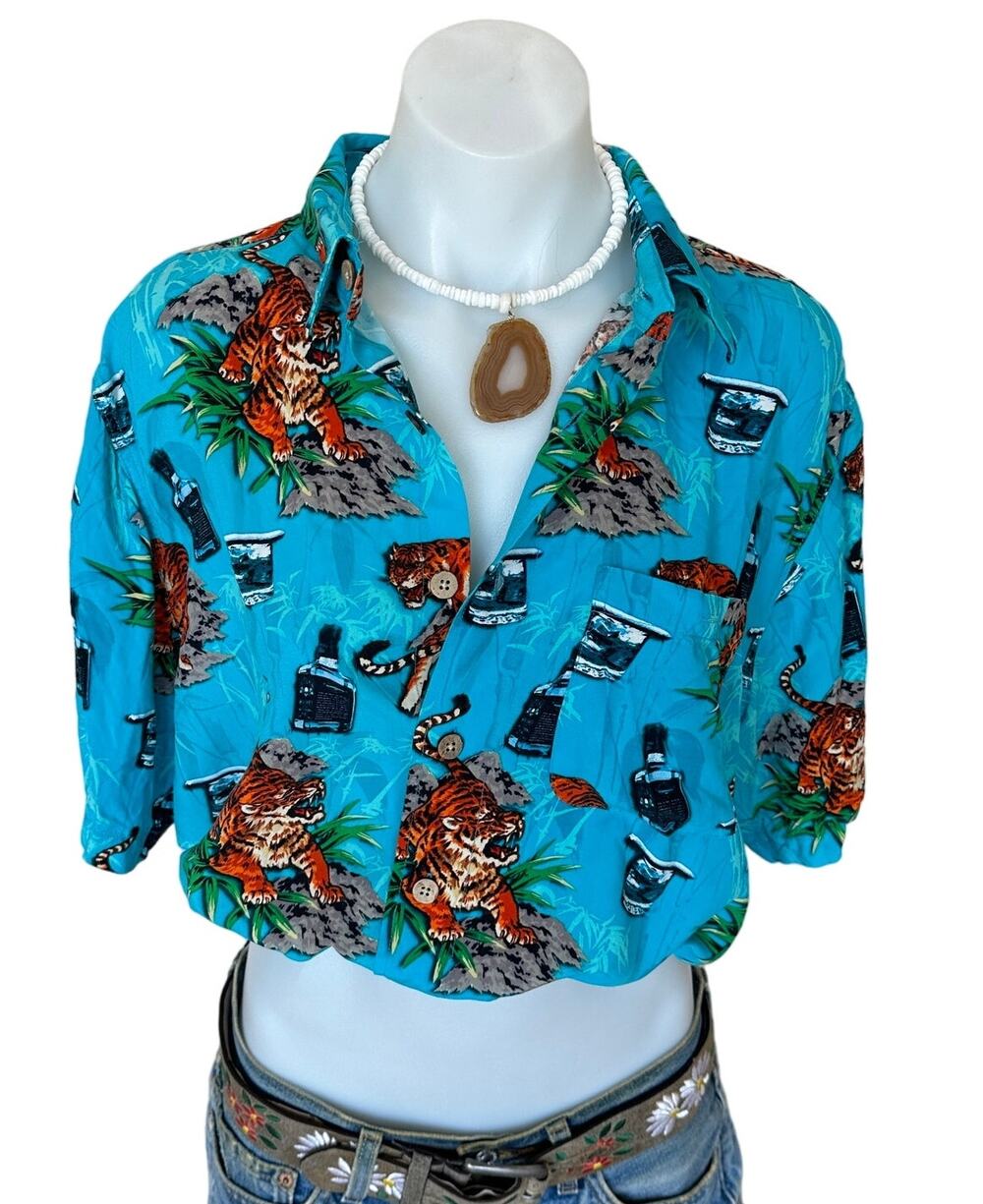 Hawaiian Shirt Button Down Crop Top One Size Boxy Surfer Tigers Tequila Oversize